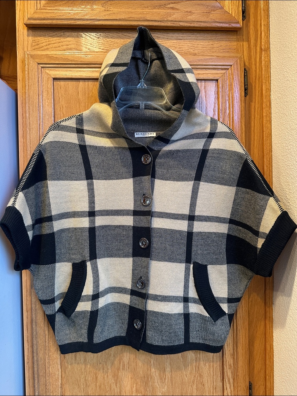 Designer Inspired Beige and Black Plaid Hooded Button-Up Sweater Cardigan Size M